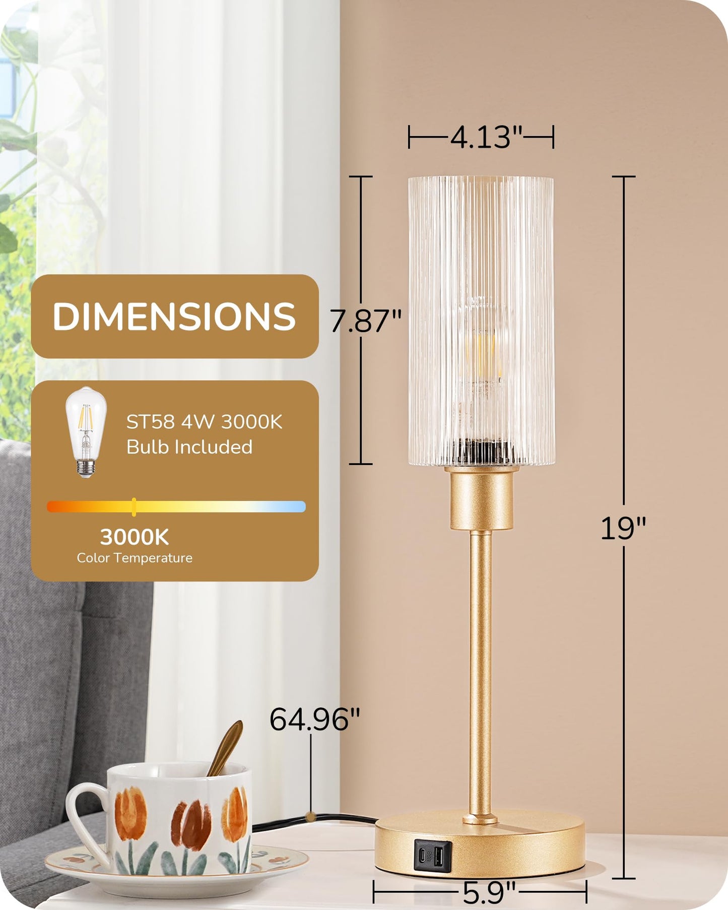 EDISHINE Glass Table Lamp - Touch Control, 3-Way Dimmable, USB C+A Ports, Striped Shade, Gold