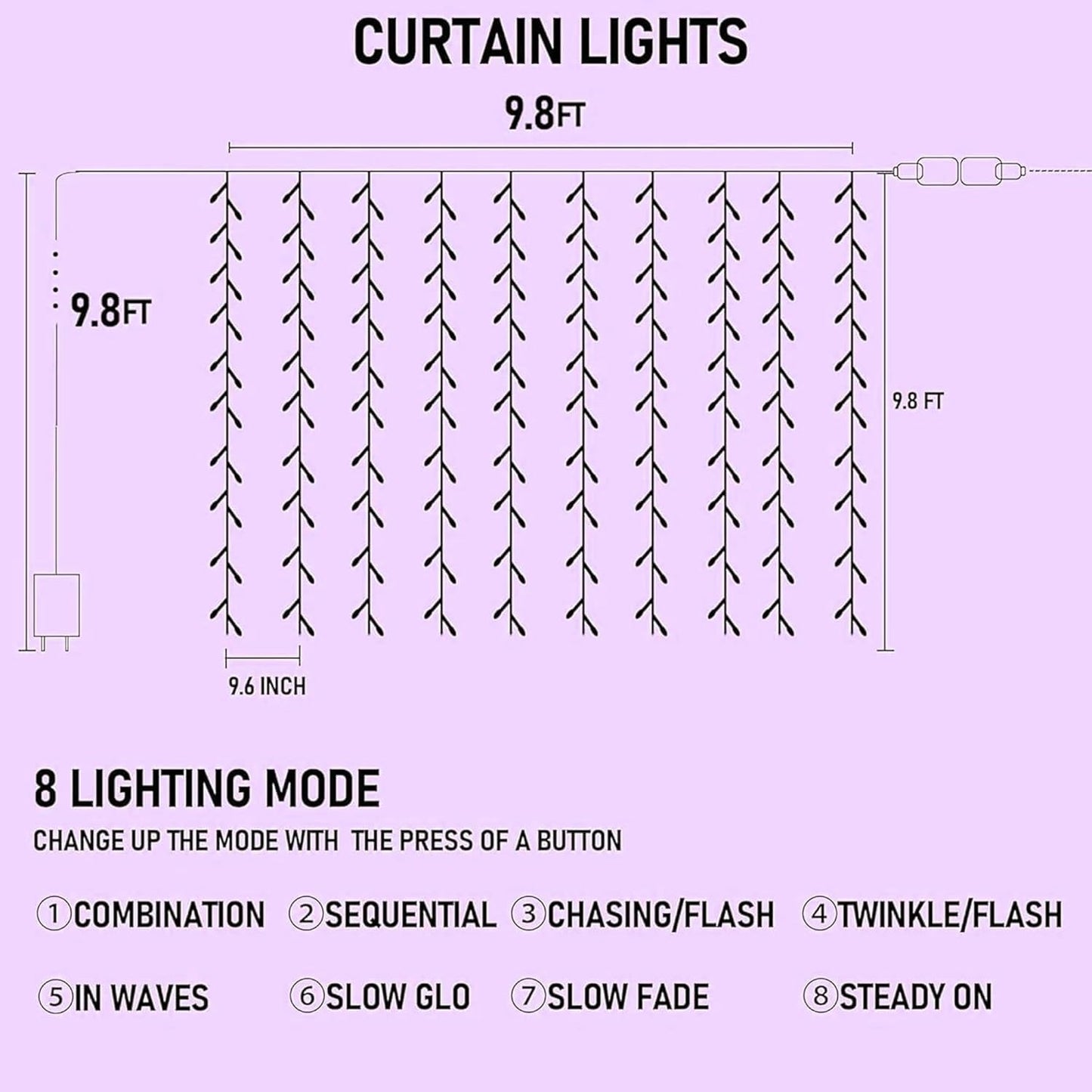 Dazzle Bright 300 LED Christmas Curtain String Lights, 8 Modes, Waterproof, Purple, Model CL-300CC