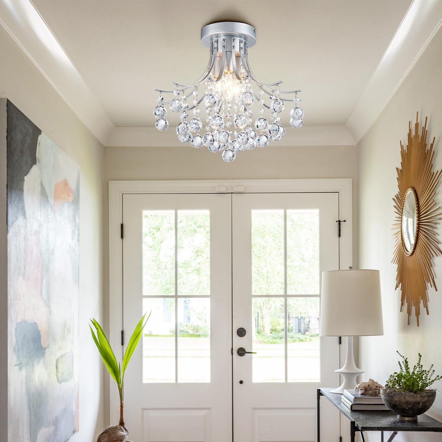Bestier Modern Silver Crystal Semi-Flush Mount Chandelier, 13.5in D x 11.6in H, Requires 3 E12 Bulbs, for Dining Room/Bathroom/