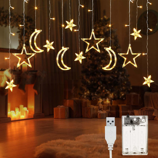 Riakrum 11.48 ft LED Star and Moon String Lights, Warm White, USB Powered, Waterproof, Model Riakrum-String Lights-073