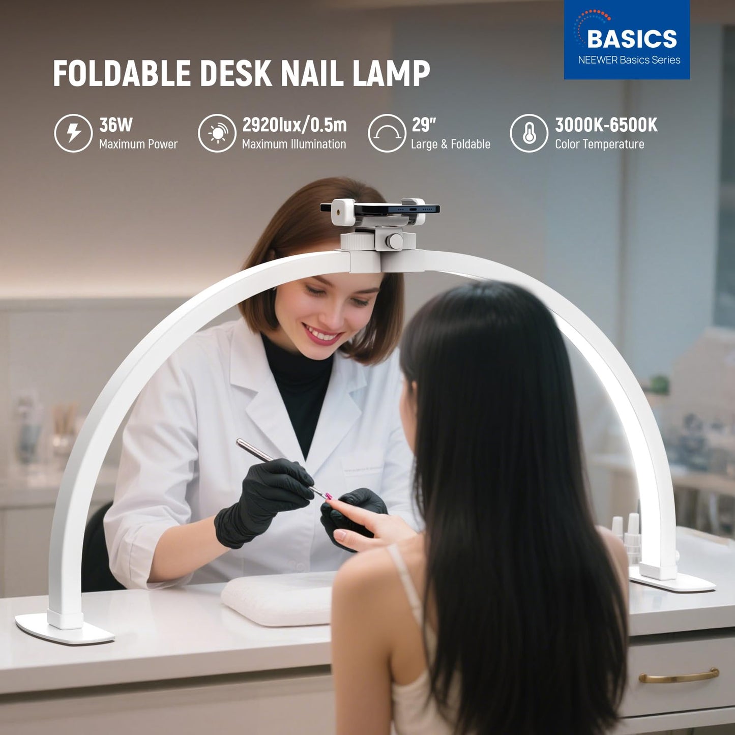 NEEWER 29in Half Moon Nail Light, 36W Foldable Arc Lamp with Phone Holder, Model HM02-D, White