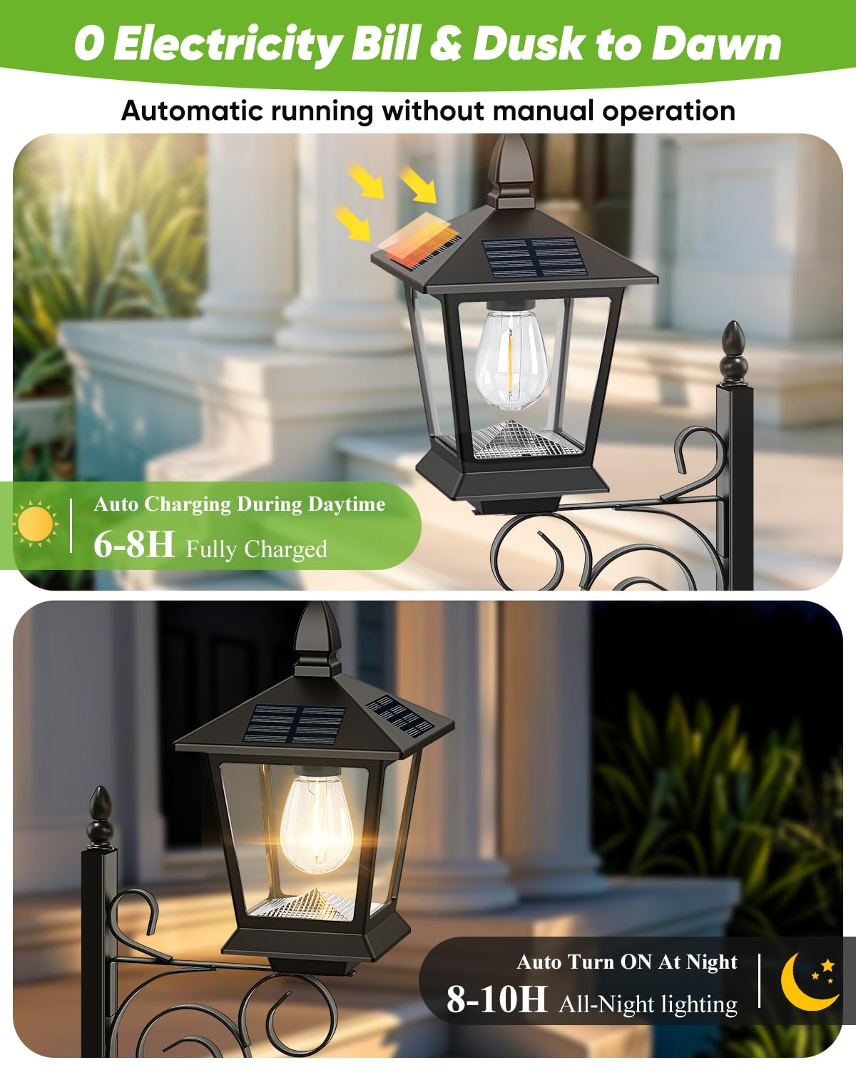 TOWPONICS Solar Lamp Post with Planter, 2-Pack, Waterproof, Metal, Black, Model SZ-24033, Ideal for Garden Decor and Patio Lighting