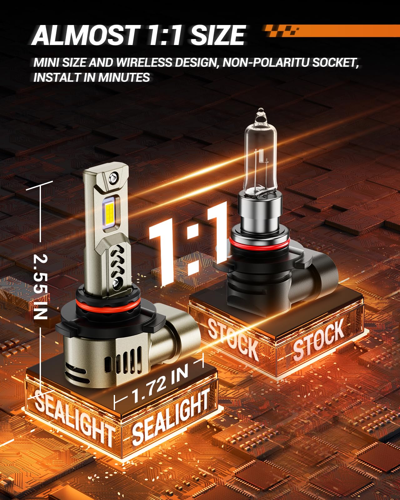 SEALIGHT 9005/HB3 LED Bulbs, 68000LM Super Bright, 6500K Cool White, Aluminum, L2S 9005, Pack of 2