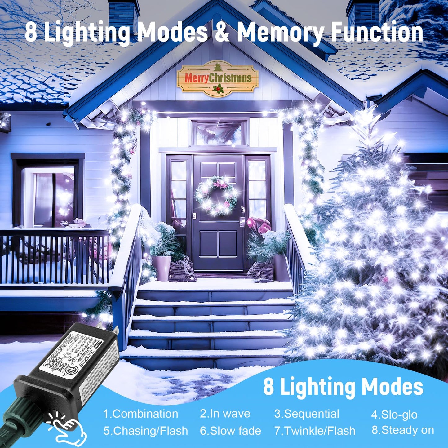 Minetom 1000 LED Christmas Tree Lights, 328 Ft, Cool White, Waterproof, 8 Modes, Remote Control, Green Wire