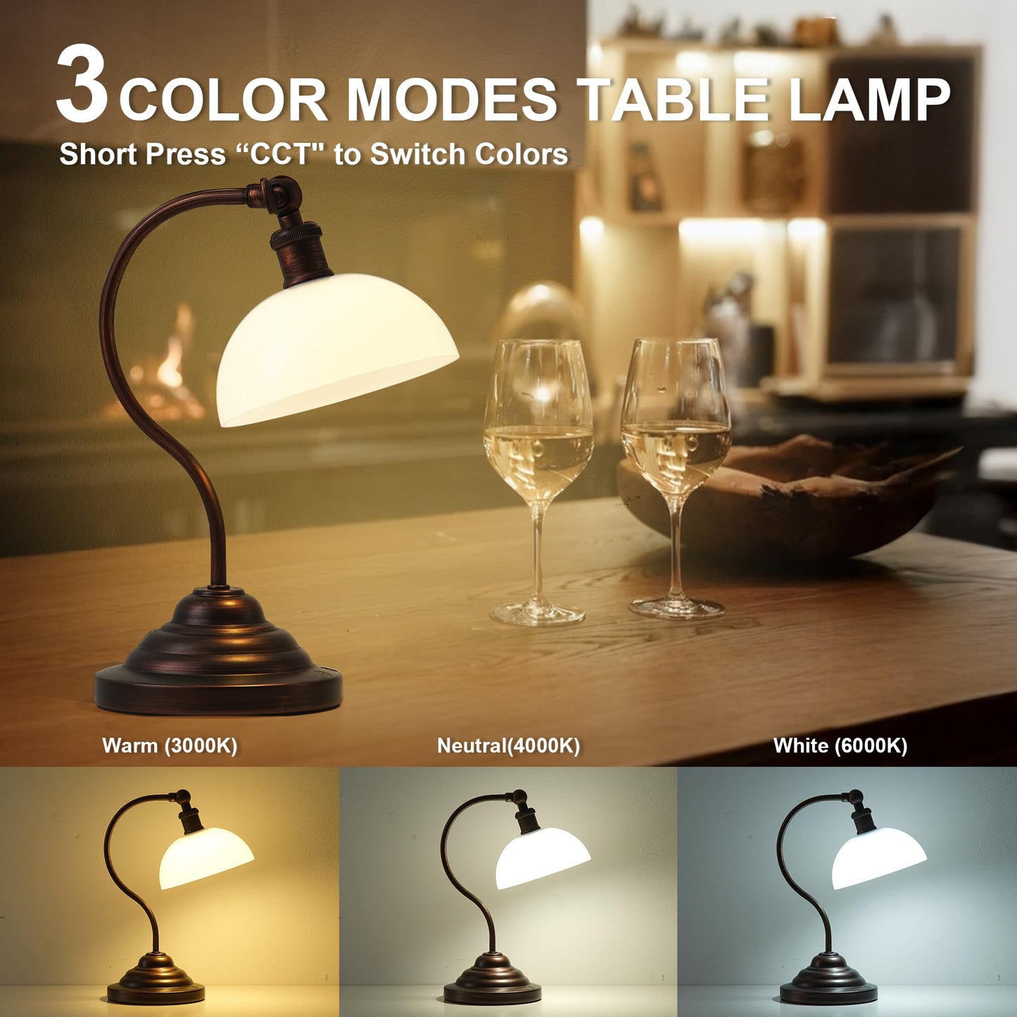 KARTOOSH Cordless LED Desk Lamp, Dimmable 3 Color, Rechargeable, 180? Swing Arm, Oil Rubbed Bronze, Model RS329BBR-1A