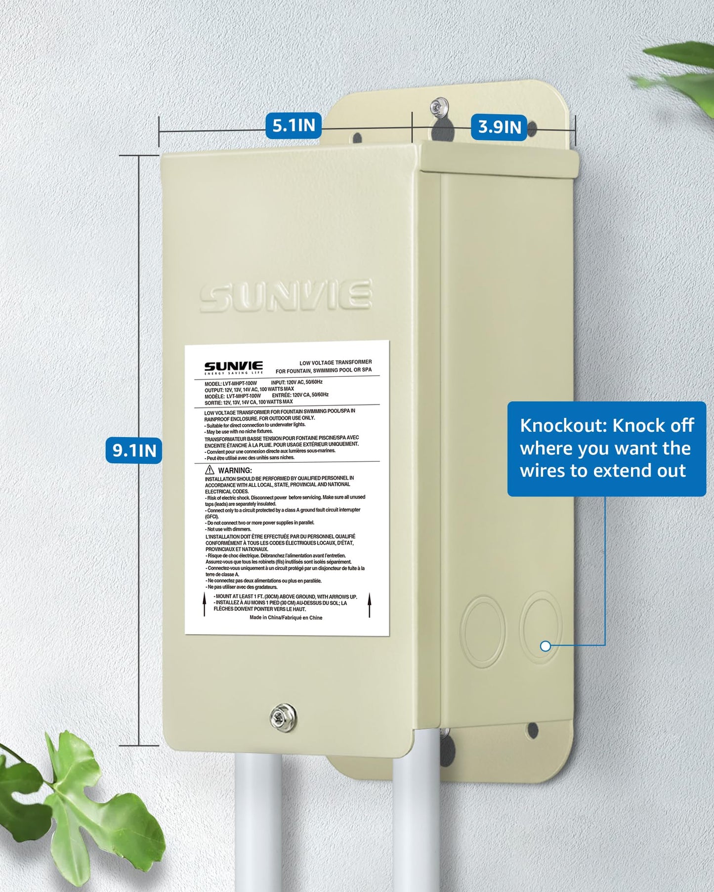 SUNVIE 100W Pool Light Transformer, 120V to 12V/13V/14V AC, Weatherproof, Stainless Steel, Beige, Model LVTPLT100W